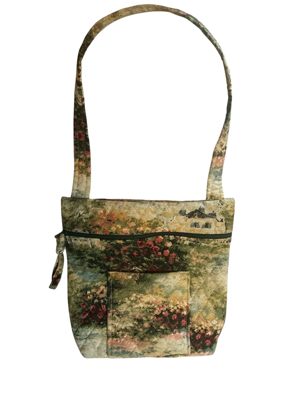 Quilted Floral Crossbody Bag in Green and Pink